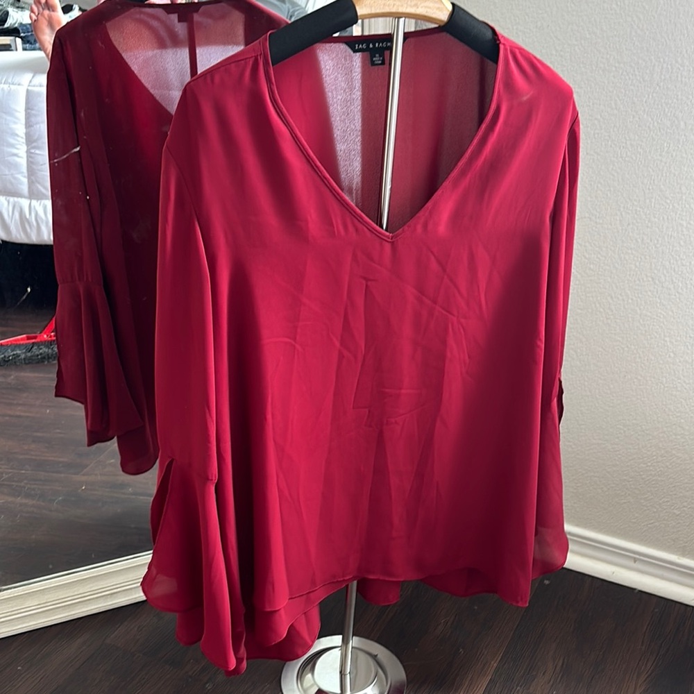 Zac & Rachel Pink and Red Asymmetrical 3/4 Sleeve Blouse